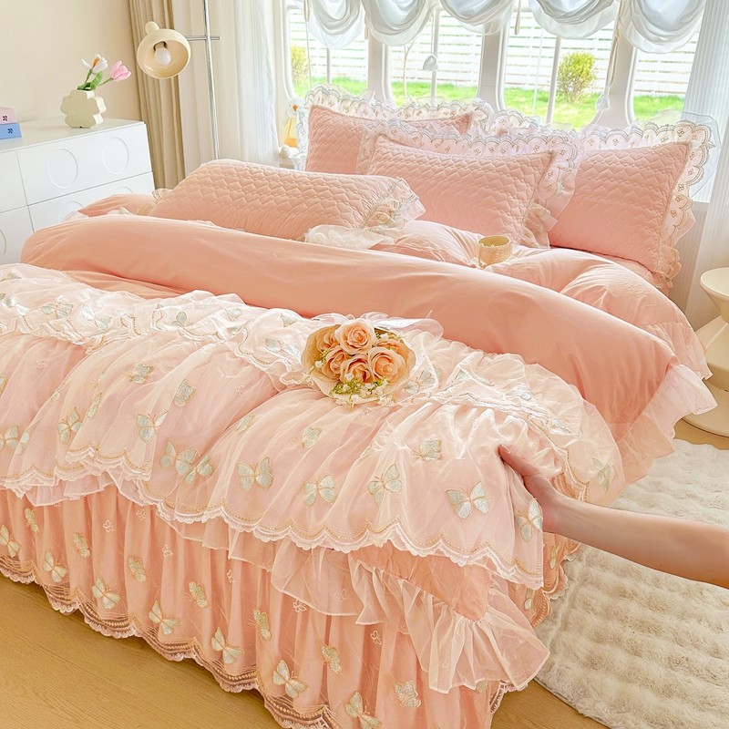 全棉床裙款四件套韩版公主蕾丝花边被套夹棉加厚纯棉床罩四季通用
