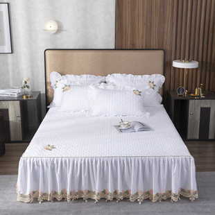 缦天姿床罩床裙式 纯棉1.5m1.8m公主白色花边床套夹棉加厚防滑床盖
