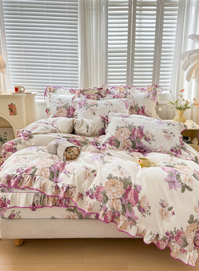 纯棉印花床笠款四件套夹棉床罩公主风花边被套四季通用床上用品