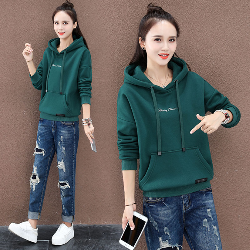 冬季加绒加厚新款墨绿色连帽卫衣