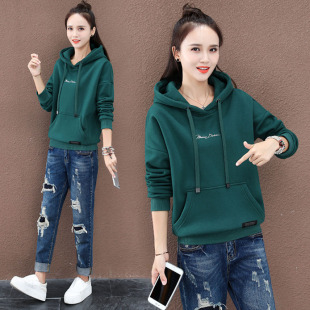 宽松连帽保暖上衣外套 短款 墨绿色加绒加厚卫衣2025年新款 女秋冬季