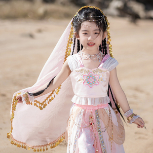 儿童汉服古风头纱民族风丝路明珠纱巾西域公主纱丽异域风表演头饰