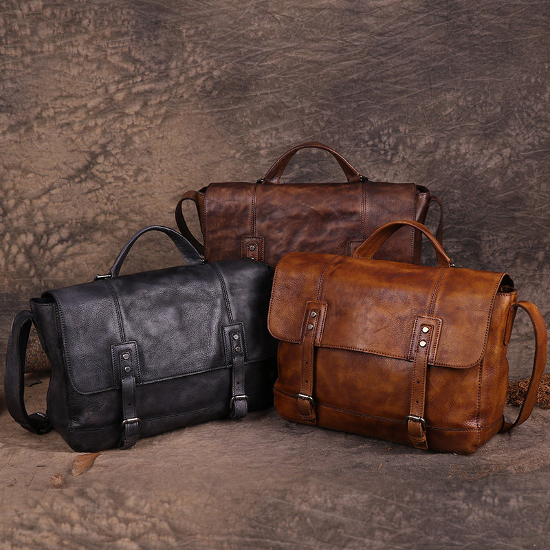 复古做旧植鞣牛皮单肩包手提邮差包手工擦色欧美机车潮男真皮男包