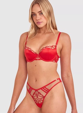 澳VAMP 红色光面薄纱显胸大性感微聚拢文胸