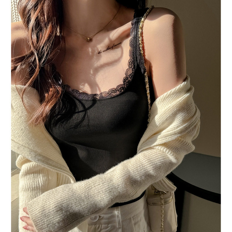 修身螺纹内搭百搭蕾丝打底小吊带背心女性感辣妹设计感上衣