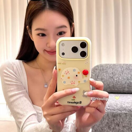 可爱奶黄彩花立体圆鼻子大象适用iPhone17promax苹果16手机壳15女
