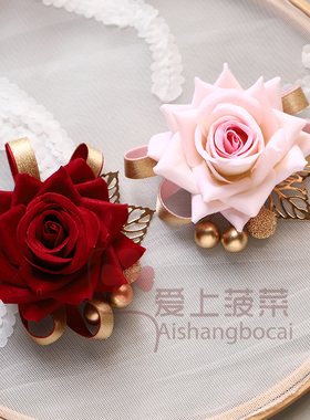 喜婆婆结婚礼头花红色玫瑰花头饰