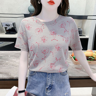 印花时尚 欧货圆领灰色正肩T恤短袖 2025新款 女装 防晒服上衣女 夏季