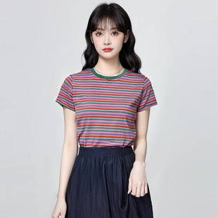 宽松洋气百搭小衫 时尚 夏季 条纹短袖 圆领正肩上衣潮 女t恤2025新款