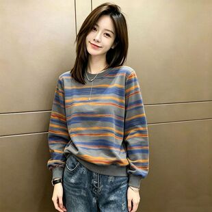 复古扎染条纹圆领卫衣2026春秋新款长袖宽松百搭上衣秋季通勤女装