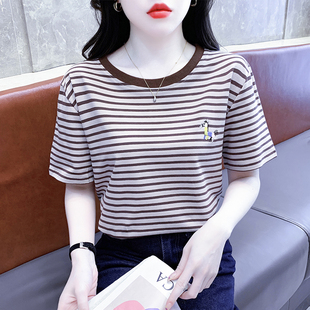 韩版 条纹短袖 新款 宽松百搭圆领上衣 t恤女2024夏季 洋气显瘦体恤衫