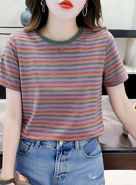 彩虹条纹正肩t恤女夏季新款宽松体恤衫2026夏天圆领纯棉短袖上衣