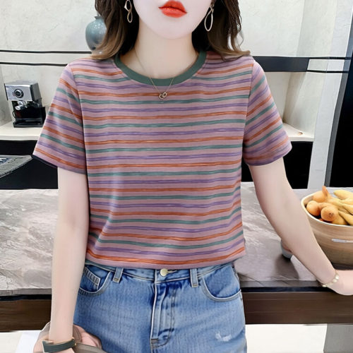 彩虹条纹正肩t恤女夏季新款宽松