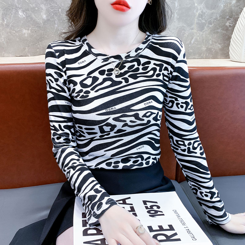 长袖豹纹印花纯棉纯棉t恤衫
