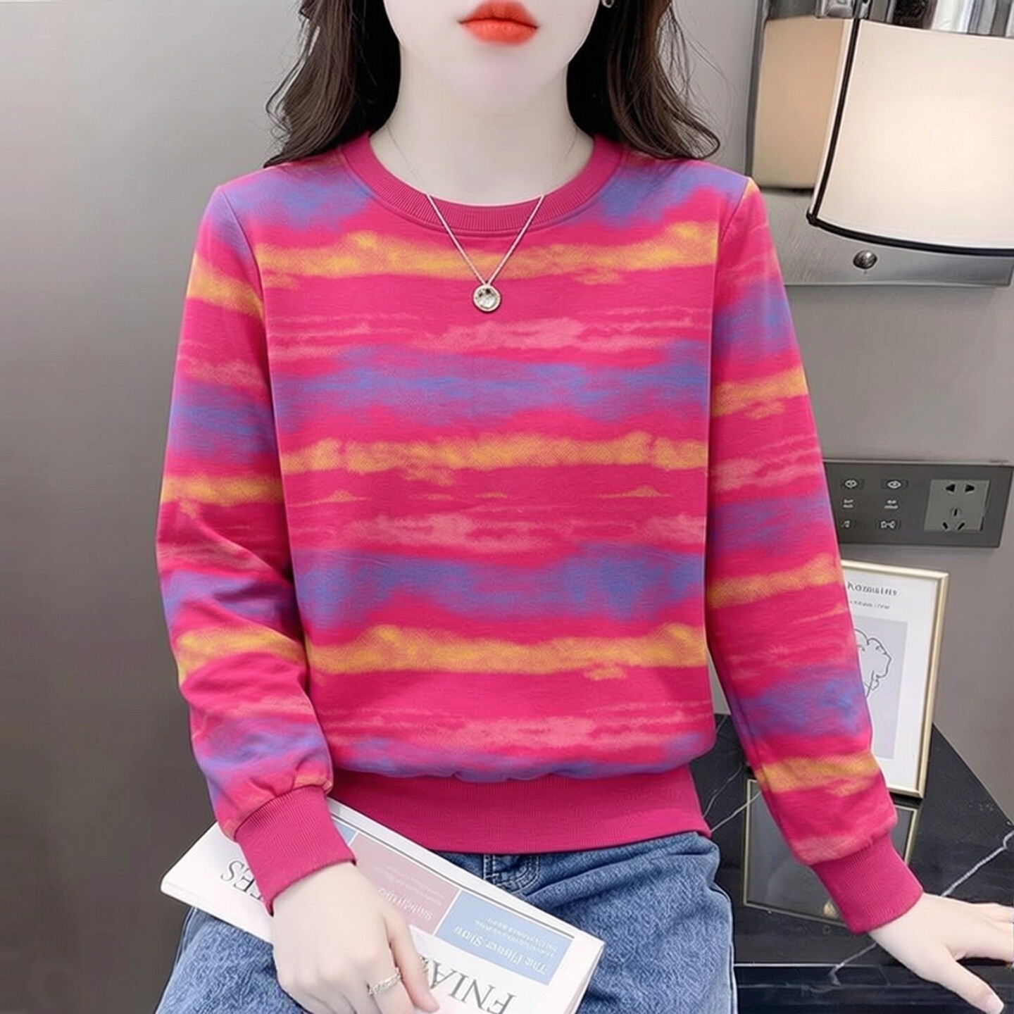 彩虹条纹韩版卫衣女款2026新款春秋款显瘦长袖T恤秋季宽松上衣女