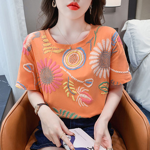 纯棉短袖 宽松减龄上衣潮 女彩色立体印花t恤女装 创意百搭2025新款