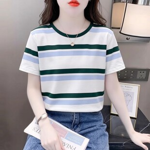 体恤女装 条纹短袖 百搭时尚 宽松百搭圆领上衣服2026新款 t恤女夏季