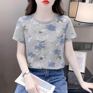 宽松短袖T恤女2026夏季设计感小众印花体恤圆领百搭新款上衣洋气