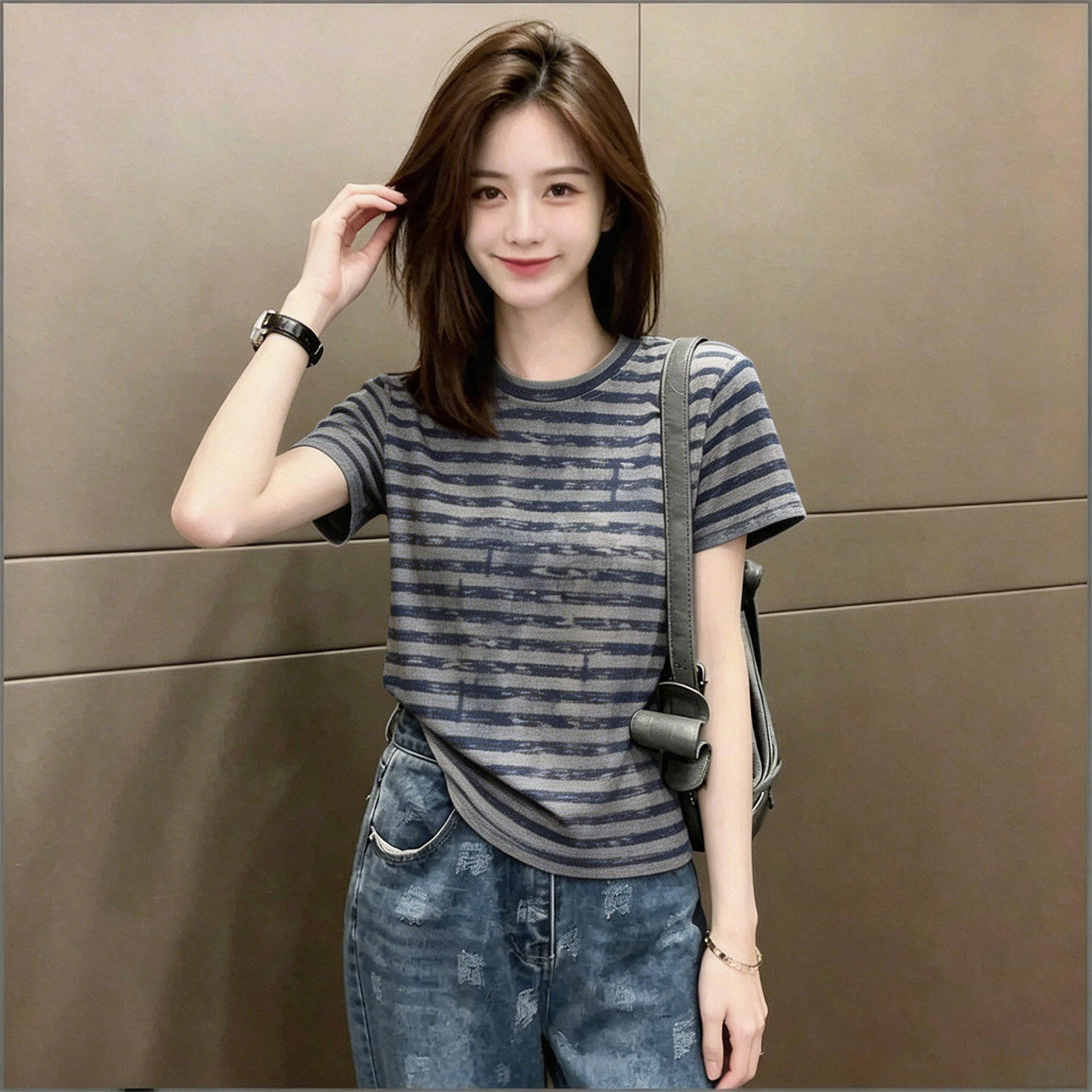 复古条纹短袖T恤女宽松好看上衣图片