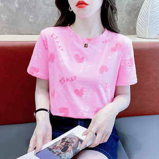 t恤女2025夏季 粉色纯棉宽松短袖 设计感爱心字母印花体恤减龄上衣