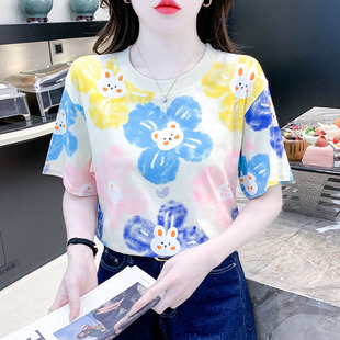 体恤 欧货纯棉正肩t恤女宽松印花女士上衣2025新款 爆款 雪纺衫 夏季