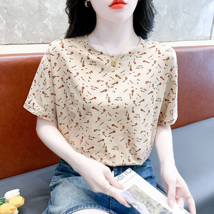 女装 纯棉短袖 夏季 t恤女2025新款 小碎花上衣潮 宽松显瘦纯棉体恤衫