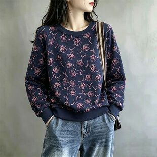 韩系藏青玫瑰印花卫衣女春款宽松圆领长袖正肩上衣2026秋季外套