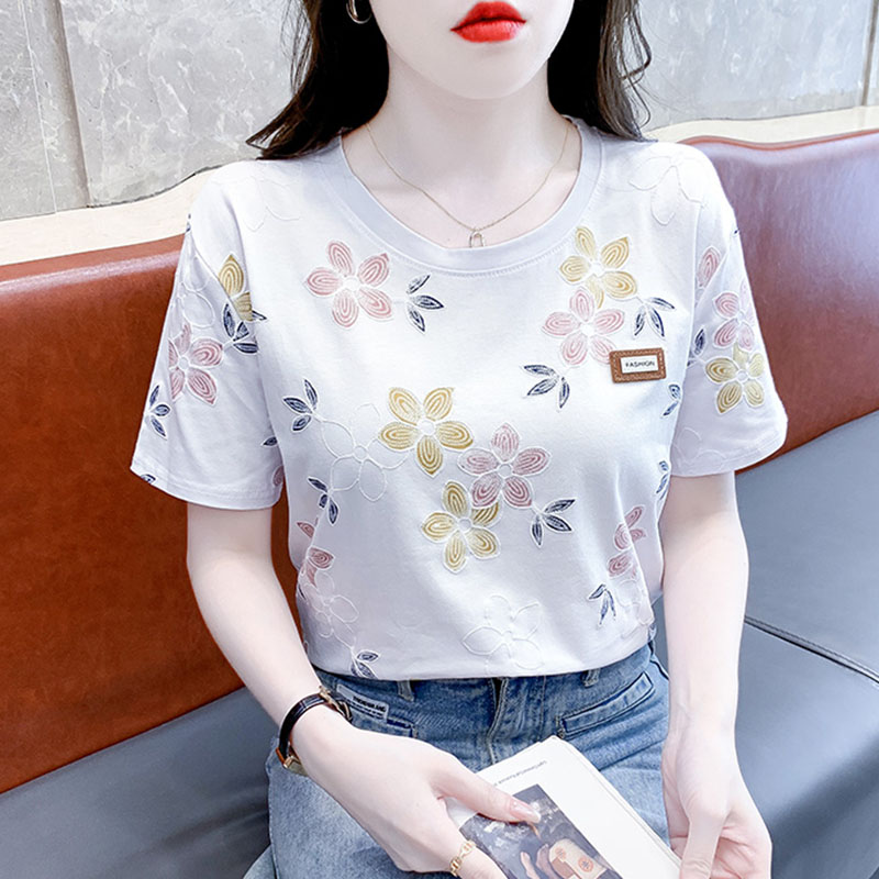 时尚印花短袖t恤女宽松休闲百搭女士上衣2025夏季圆领雪纺衫体恤