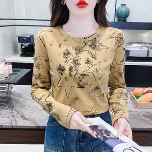 纯棉长袖打底衫时尚印花女装春装2026新款修身t恤衫洋气别致上衣