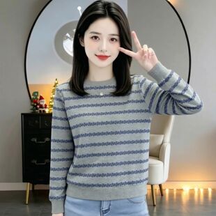 灰蓝碎花条纹圆领卫衣女2026新款春秋宽松外套休闲百搭秋季上衣服