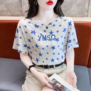 女纯棉字母刺绣美式 新款 短袖 t恤女装 上衣ins 减龄洋气小衫 2025夏季