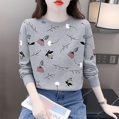 长袖t恤女宽松印花洋气打底衫