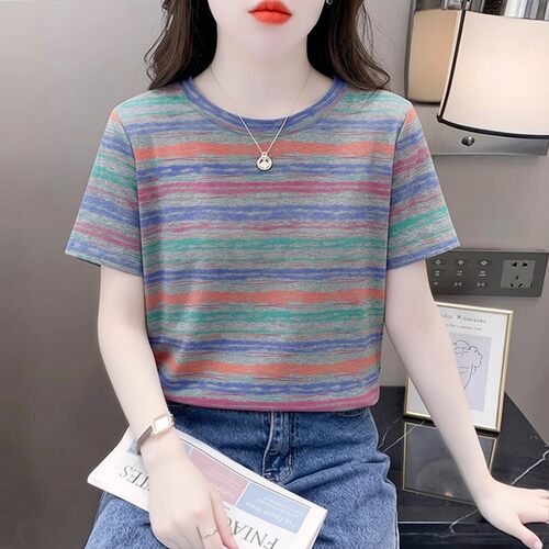 复古彩色波浪条纹短袖t恤女夏季