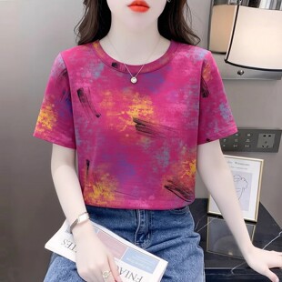火龙果色抽象油画风短袖t恤女新款2026夏季圆领宽松显瘦百搭上衣