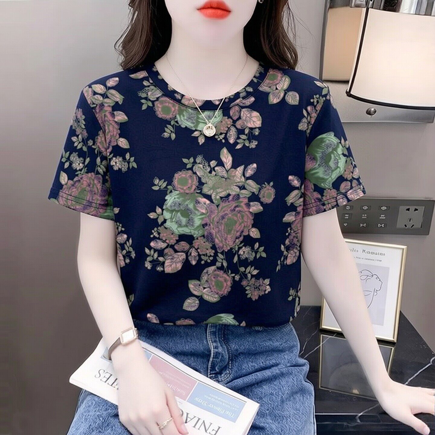 复古大花印花 T恤女夏季2026年新款韩版宽松显瘦短袖气质上衣女装