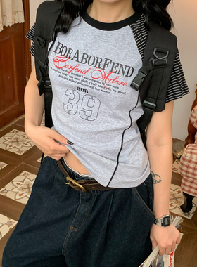 【新品买二送一】美式撞色插肩短袖T恤女字母印花显瘦上衣辣妹风