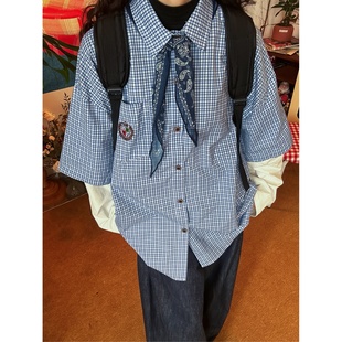 丝巾男女秋季 C2自制 衬衫 复古格子假两件长袖 宽松百搭上衣潮 美式