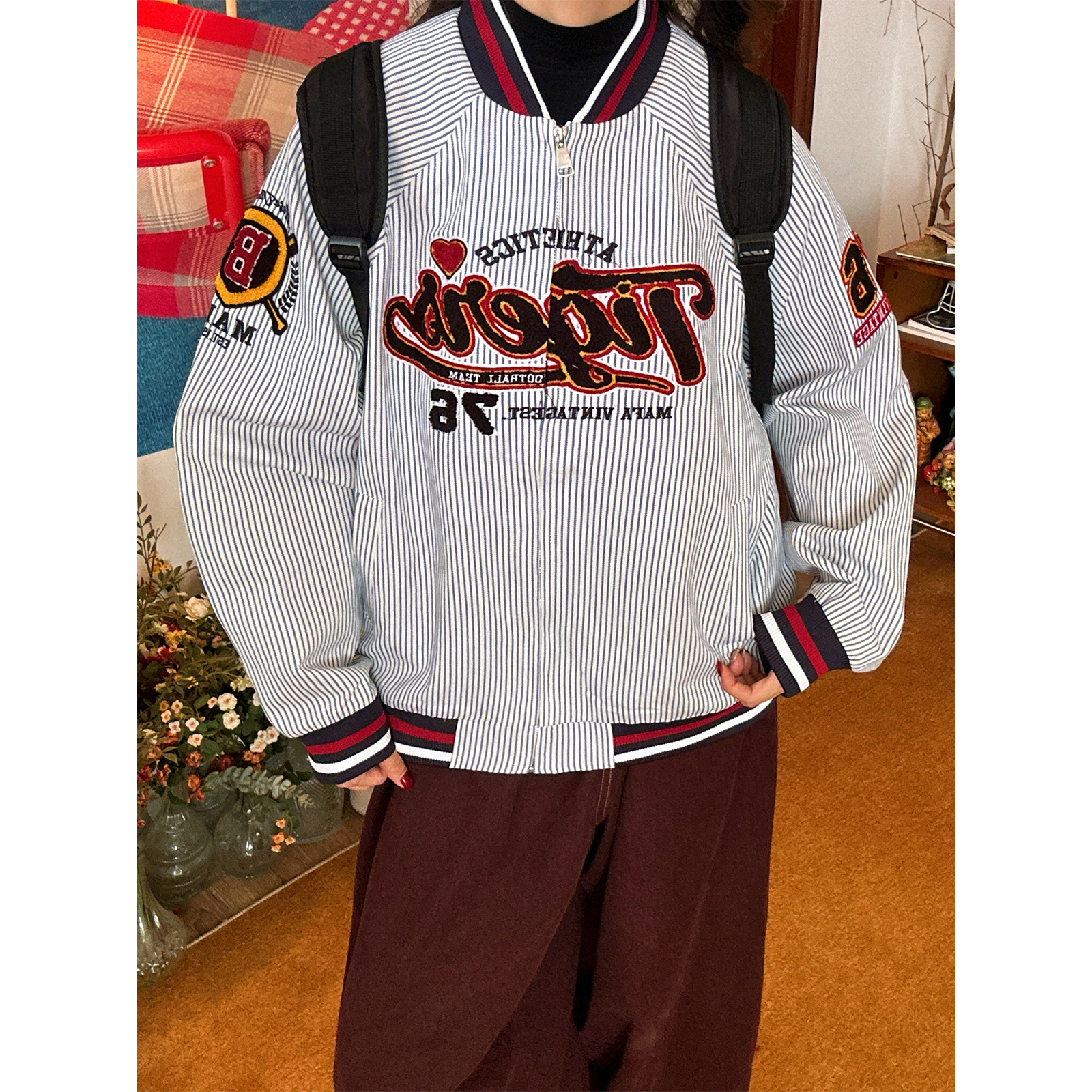 C2自制/复古条纹棒球服外套男女同款秋冬款宽松休闲百搭夹克上衣