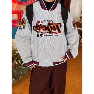 C2自制/复古条纹棒球服外套男女同款秋冬款宽松休闲百搭夹克上衣