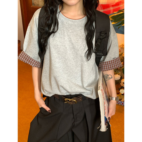 C2自制/假两件拼接格子翻边短袖T恤女夏季新款宽松休闲上衣设计感