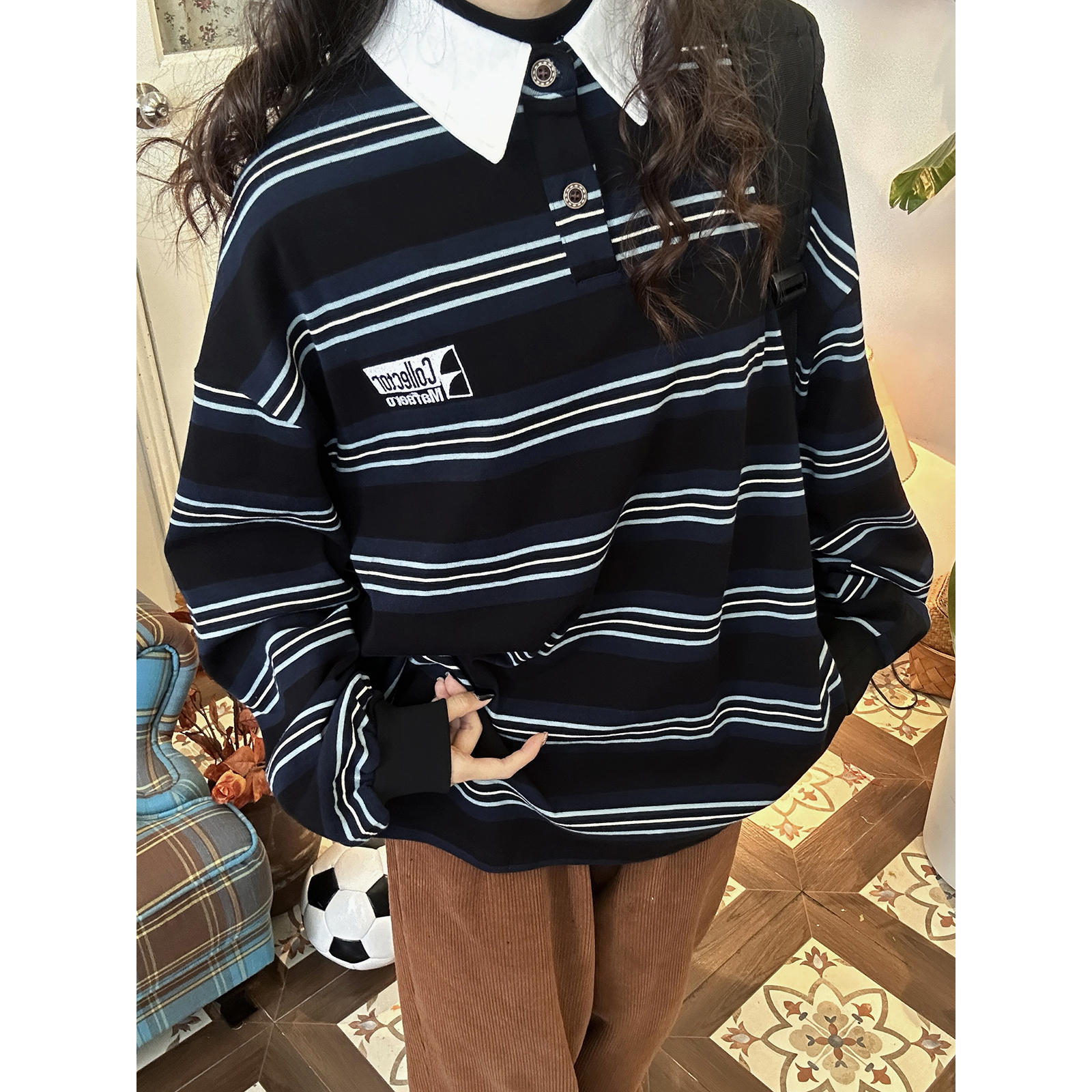 C2自制/学院风撞色POLO衫翻领条纹长袖T恤男女同款秋季百搭上衣