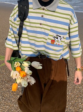 C2自制/美式复古条纹奶牛刺绣翻领T恤男女夏季小众宽松短袖上衣潮