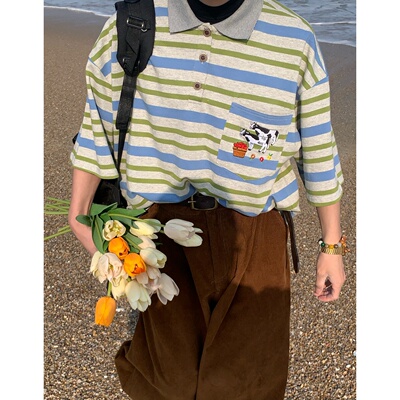 C2自制/美式复古条纹奶牛刺绣翻领T恤男女夏季小众宽松短袖上衣潮