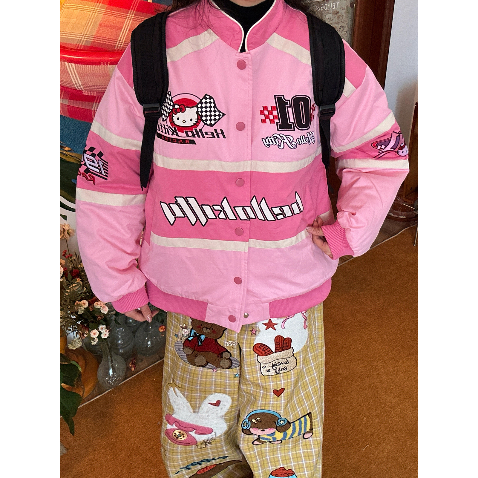 C2自制 /美式Kitty立领拼接撞色棉服男女同款宽松赛车服外套秋冬