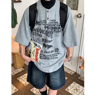 T恤夏季 复古模糊幻影字母短袖 宽松华夫格亨利领上衣潮 美式 C2自制