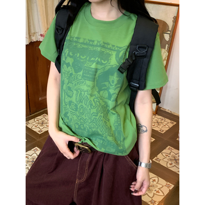 C2自制/美式复古做旧卡通印花短袖T恤男女宽松百搭夏季新款上衣