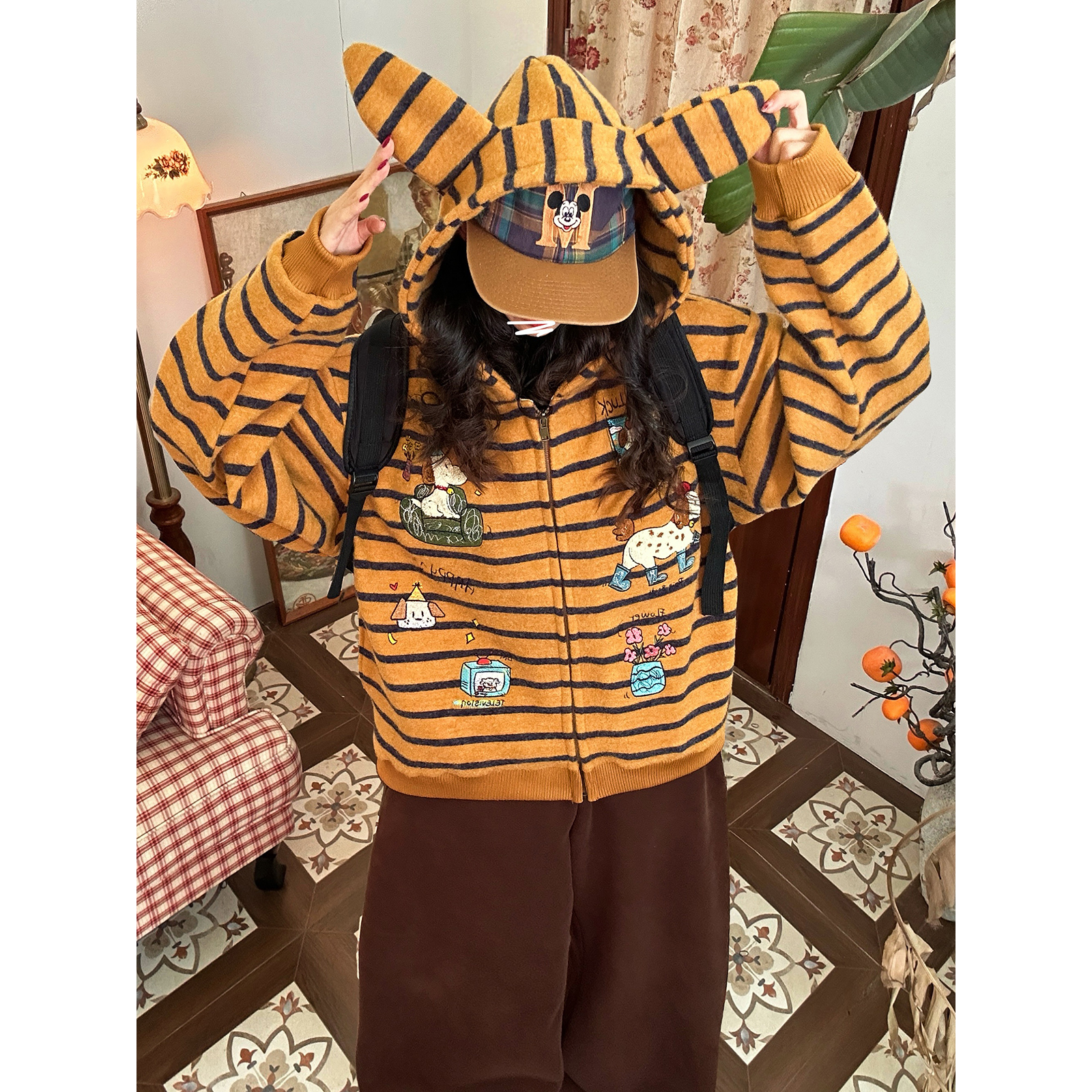 【新品买二送一】条纹连帽毛衣女长袖拉链开衫兔耳朵帽针织衫上衣