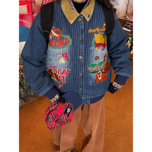 C2自制 宽松保暖牛仔外套棒球服 维尼熊卡通刺绣翻领棉服男女同款