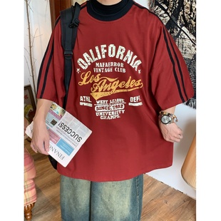 宽松街头半袖 C2自制 t恤夏季 复古撞色字母做旧印花短袖 上衣潮 美式