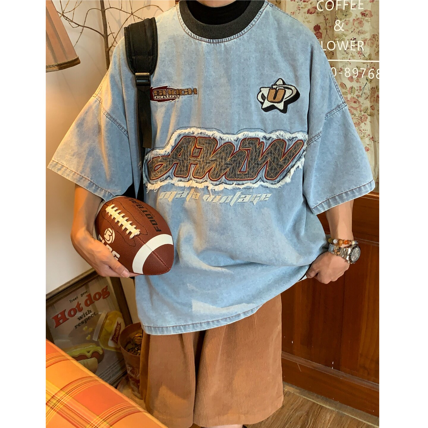 C2自制/美式复古字母刺绣水洗牛仔短袖T恤女夏季宽松重磅情侣上衣